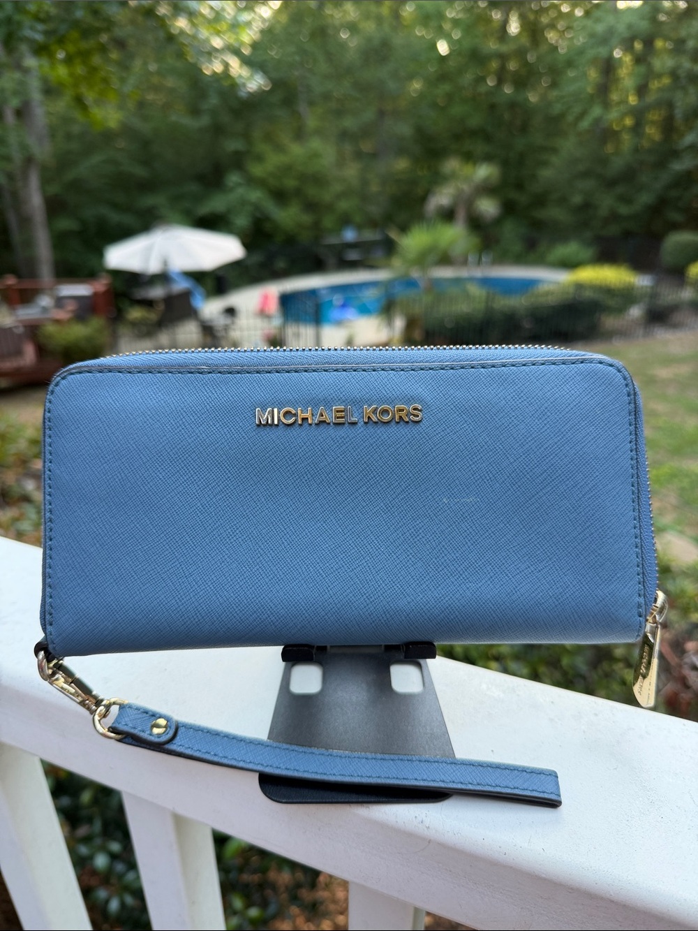Michael Kors Slate Blue Saffiano Zip-Around Wristlet/ Wallet GUC
